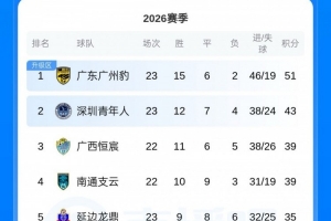 中甲积分榜:广州豹8分优势领跑,深圳青年人领先第三4分